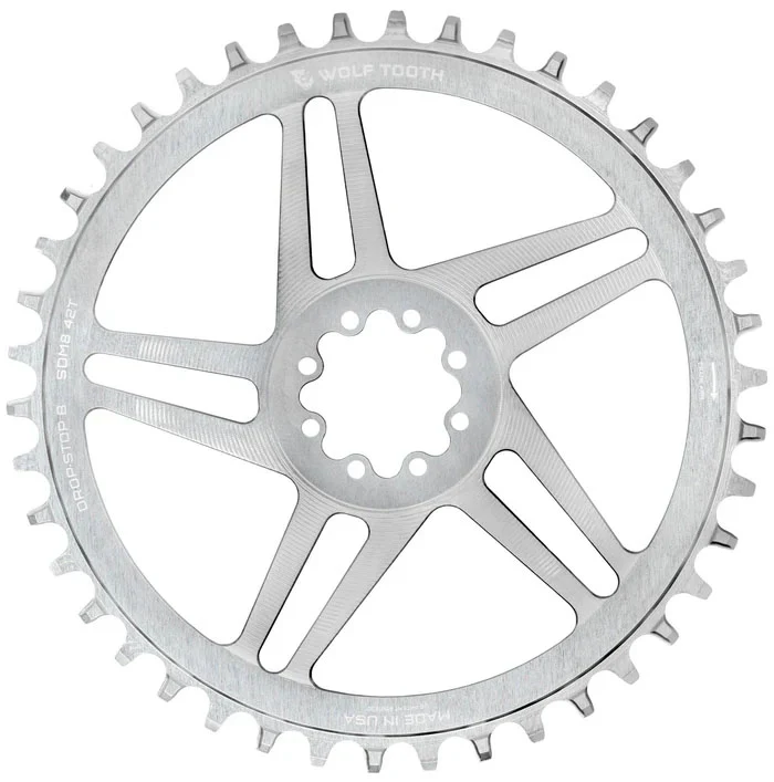Wolf Tooth Direct Mount Chainring - 42t SRAM Direct Mount Drop-Stop B For SRAM 8-Bolt Cranksets 6mm Offset Raw Silver